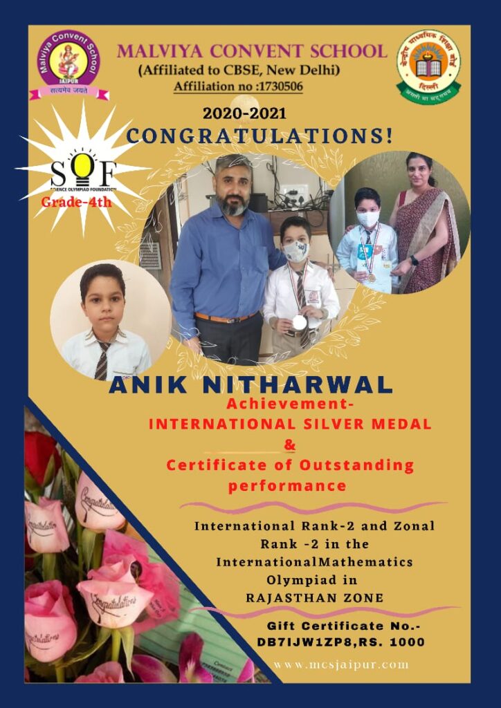 Heartiest Congratulations to ANIk NITHARWAL of  Grade 4th